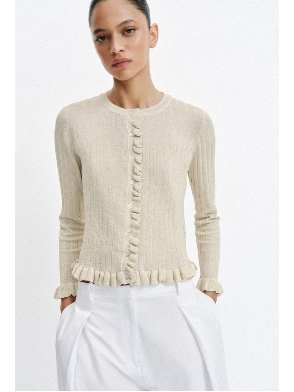 Zara Cream Ribbed Button-Front Cardigan - Picture 2 of 6